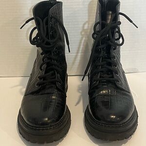 Napoleoni Black Croc embossed Leather Combat Boots Made in Italy